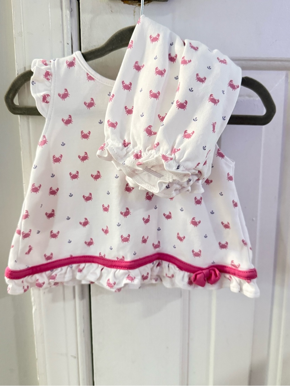 Kissy Kissy Baby Girls White & Pink Crab Print Ruffle Top and Bloomers Set
